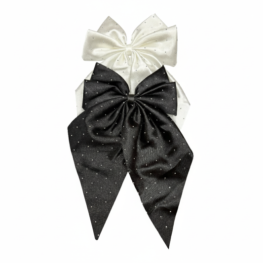 Satin Bow with Stones - Black & White