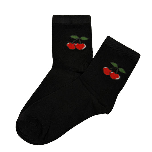 Black Socks with Cherry Print