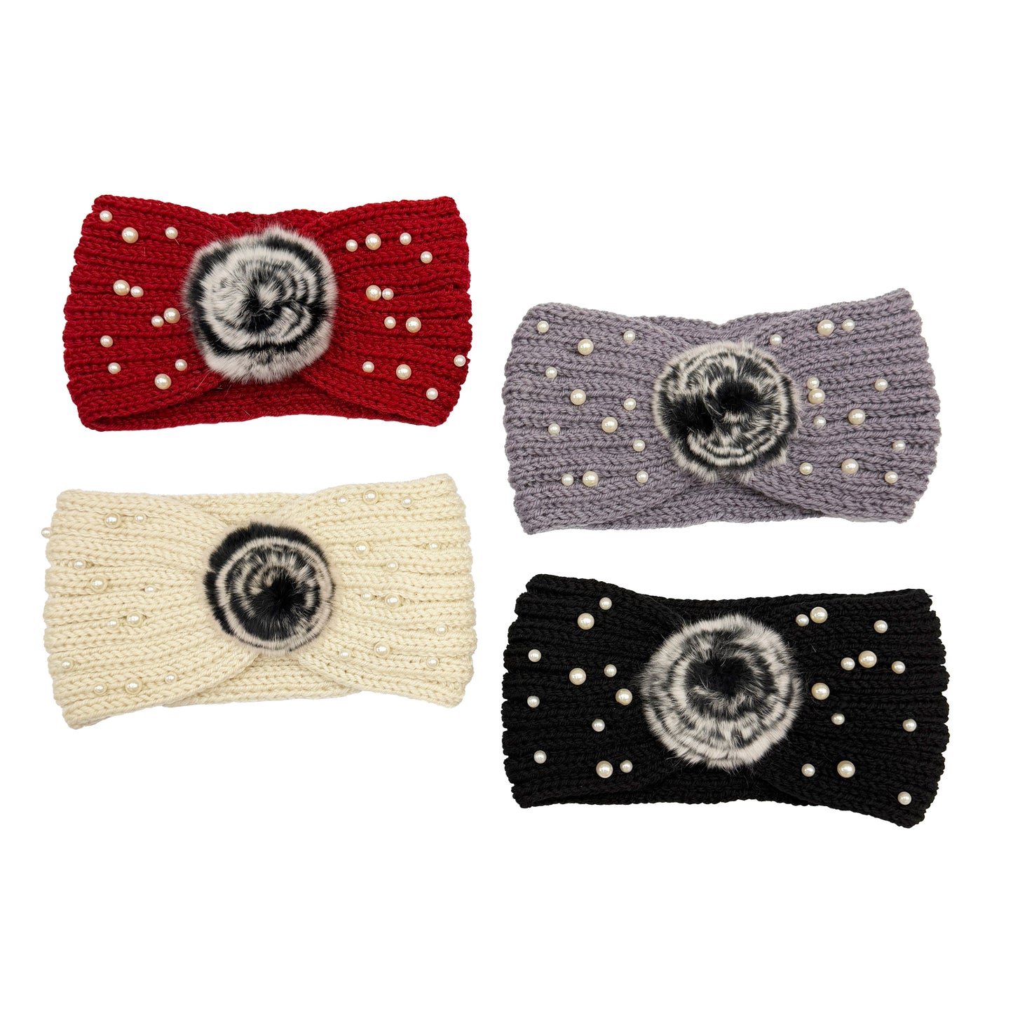 Knitted Headwrap with Fuzzy Detail and Pearls