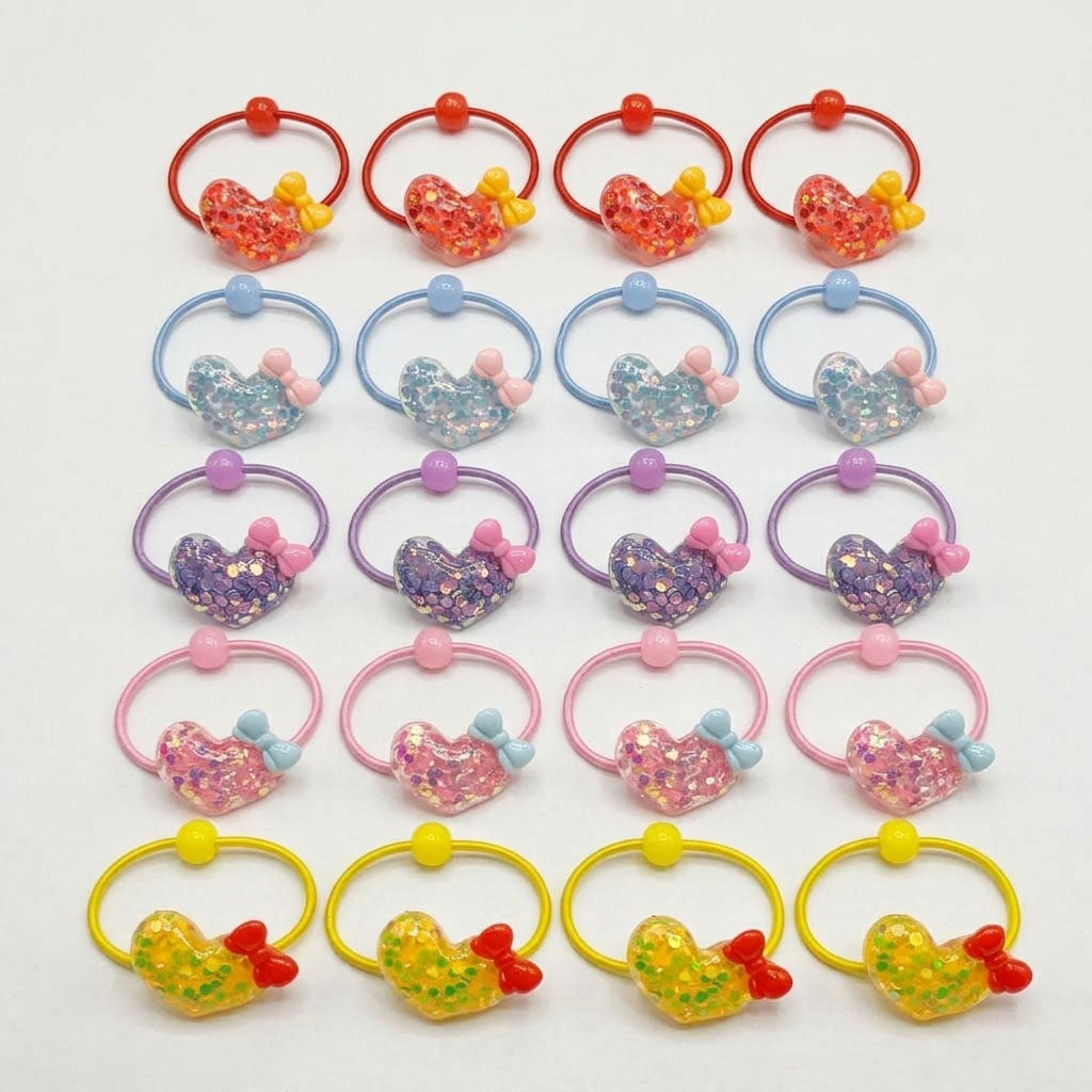 Set of 20 Hair Ties with Hearts and Beads