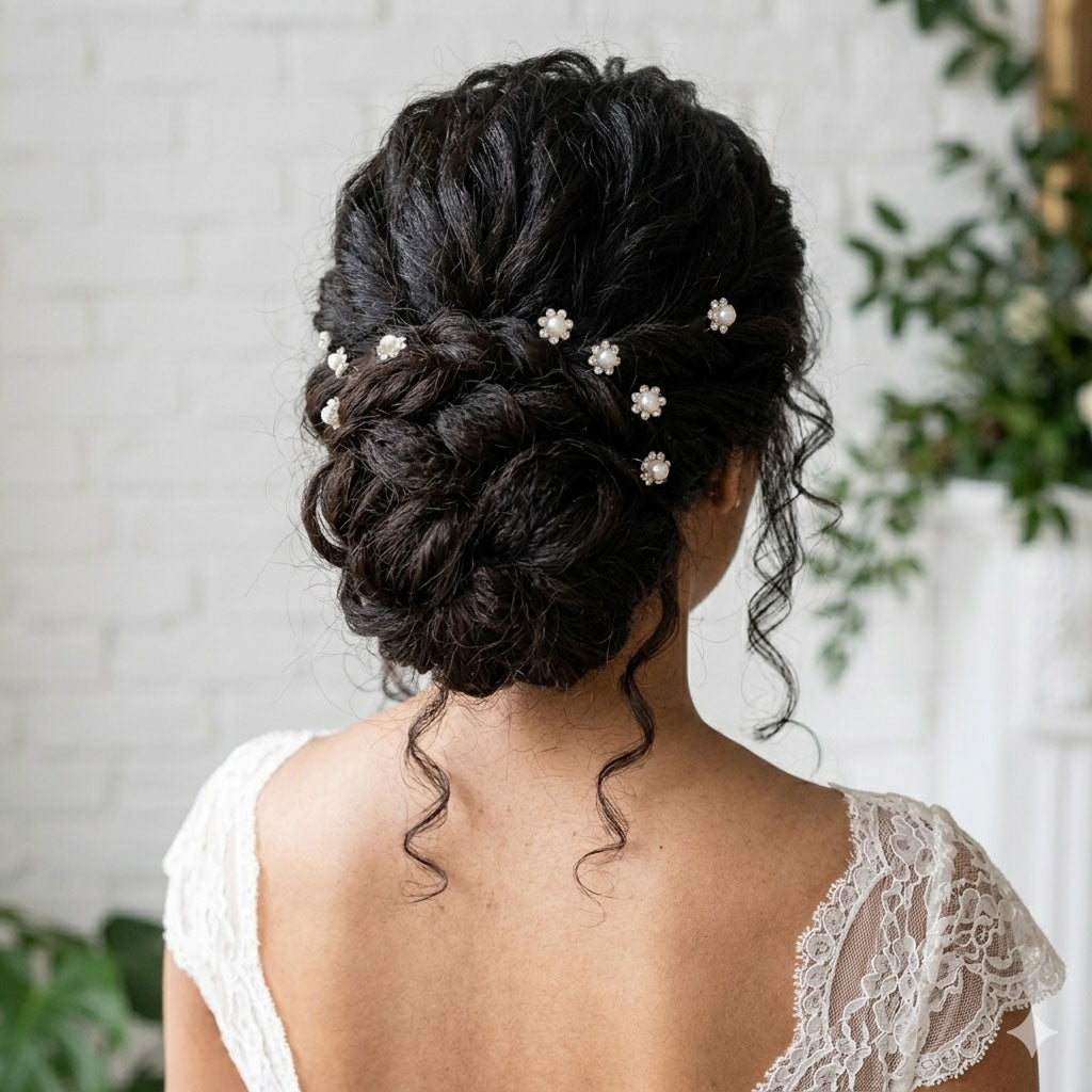 Set of 6 Decorative Flower Hair Pins with Pearl and Stones