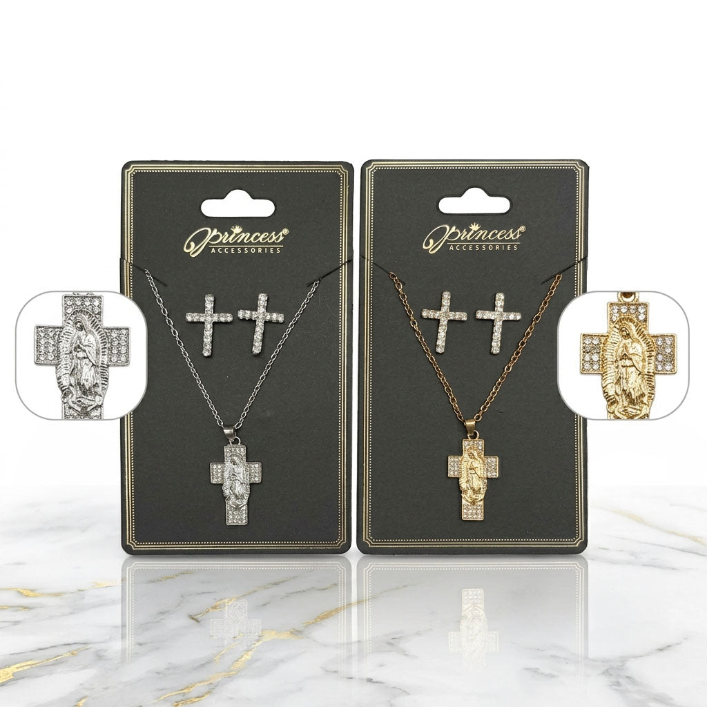Cross Necklace and Earrings Set with Virgin Mary Pendant
