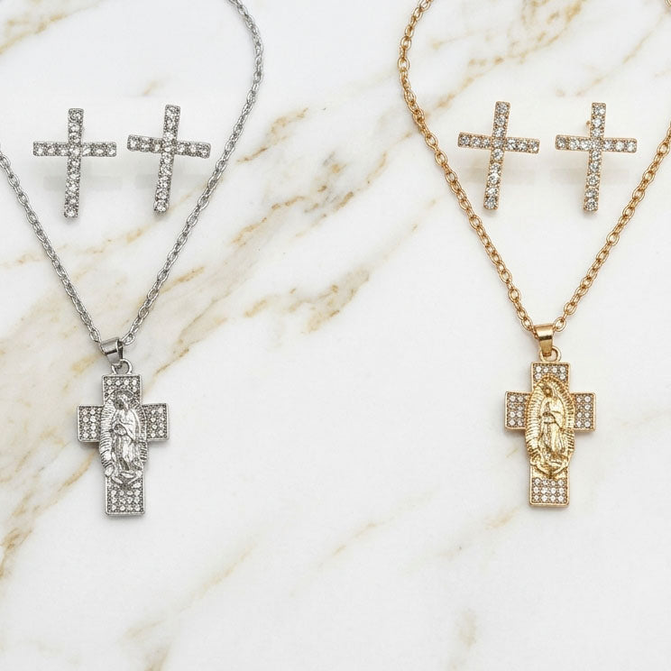 Cross Necklace and Earrings Set with Virgin Mary Pendant