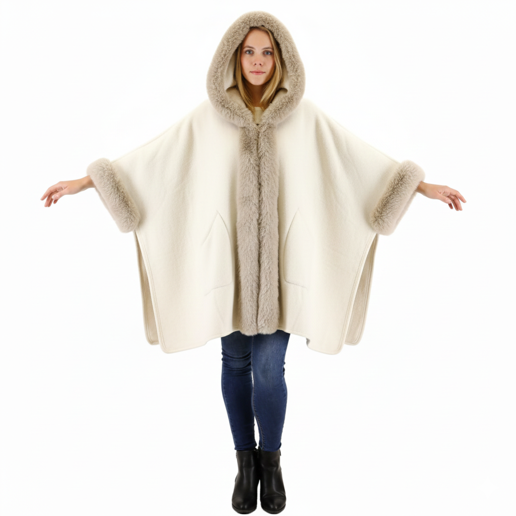 Cozy Thick Winter Poncho with Hoodie & Fur