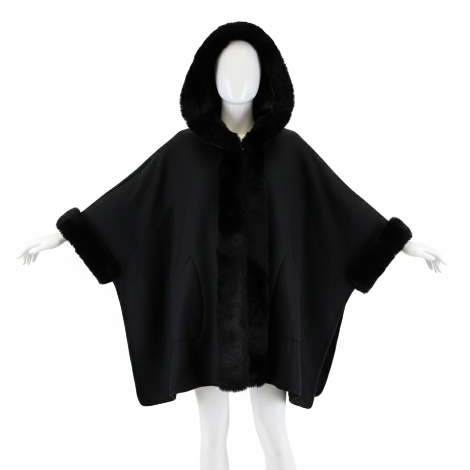Cozy Thick Winter Poncho with Hoodie & Fur