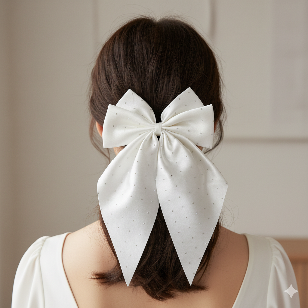 Satin Bow with Stones - Black & White
