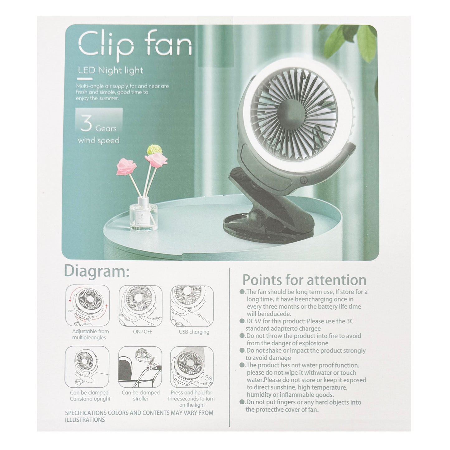 Electric Fan for Desk or Stroller with Clamp Rechargeable