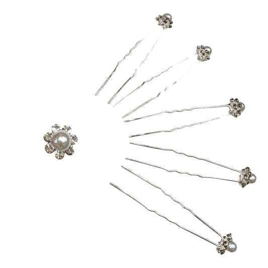 Set of 6 Decorative Flower Hair Pins with Pearl and Stones