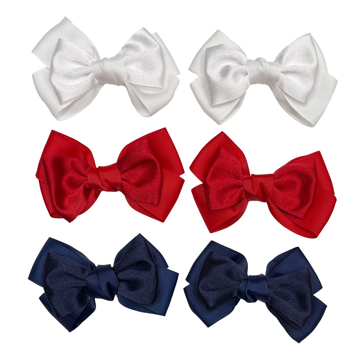 3 Pair Hair Bows - White, Red, Navy Blue