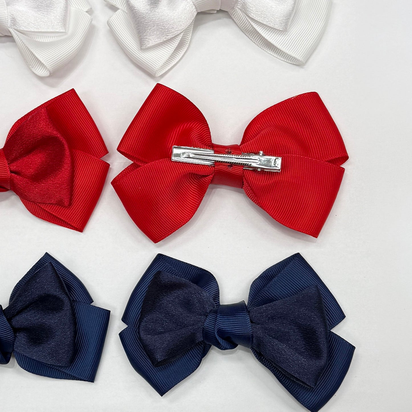 3 Pair Hair Bows - White, Red, Navy Blue