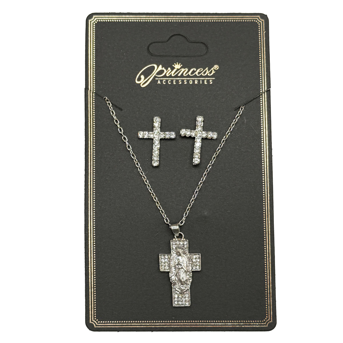 Cross Necklace and Earrings Set with Virgin Mary Pendant