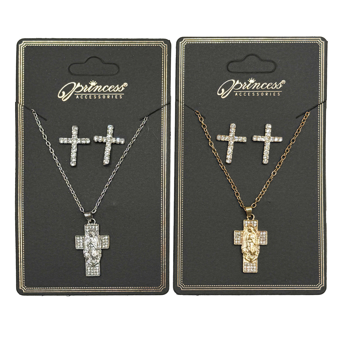 Cross Necklace and Earrings Set with Virgin Mary Pendant