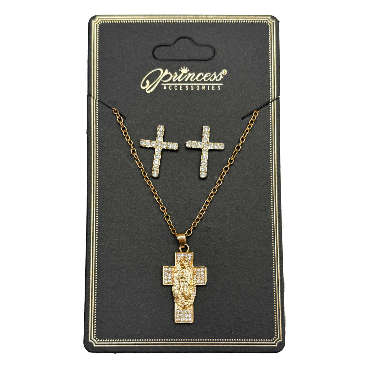 Cross Necklace and Earrings Set with Virgin Mary Pendant