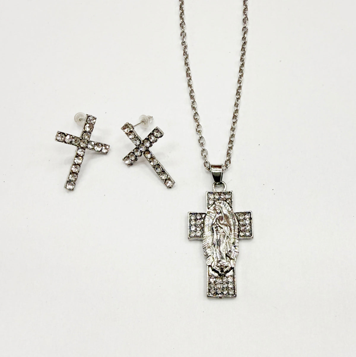 Cross Necklace and Earrings Set with Virgin Mary Pendant