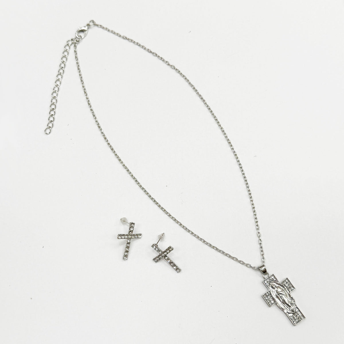 Cross Necklace and Earrings Set with Virgin Mary Pendant