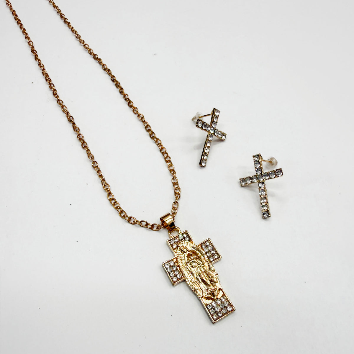 Cross Necklace and Earrings Set with Virgin Mary Pendant