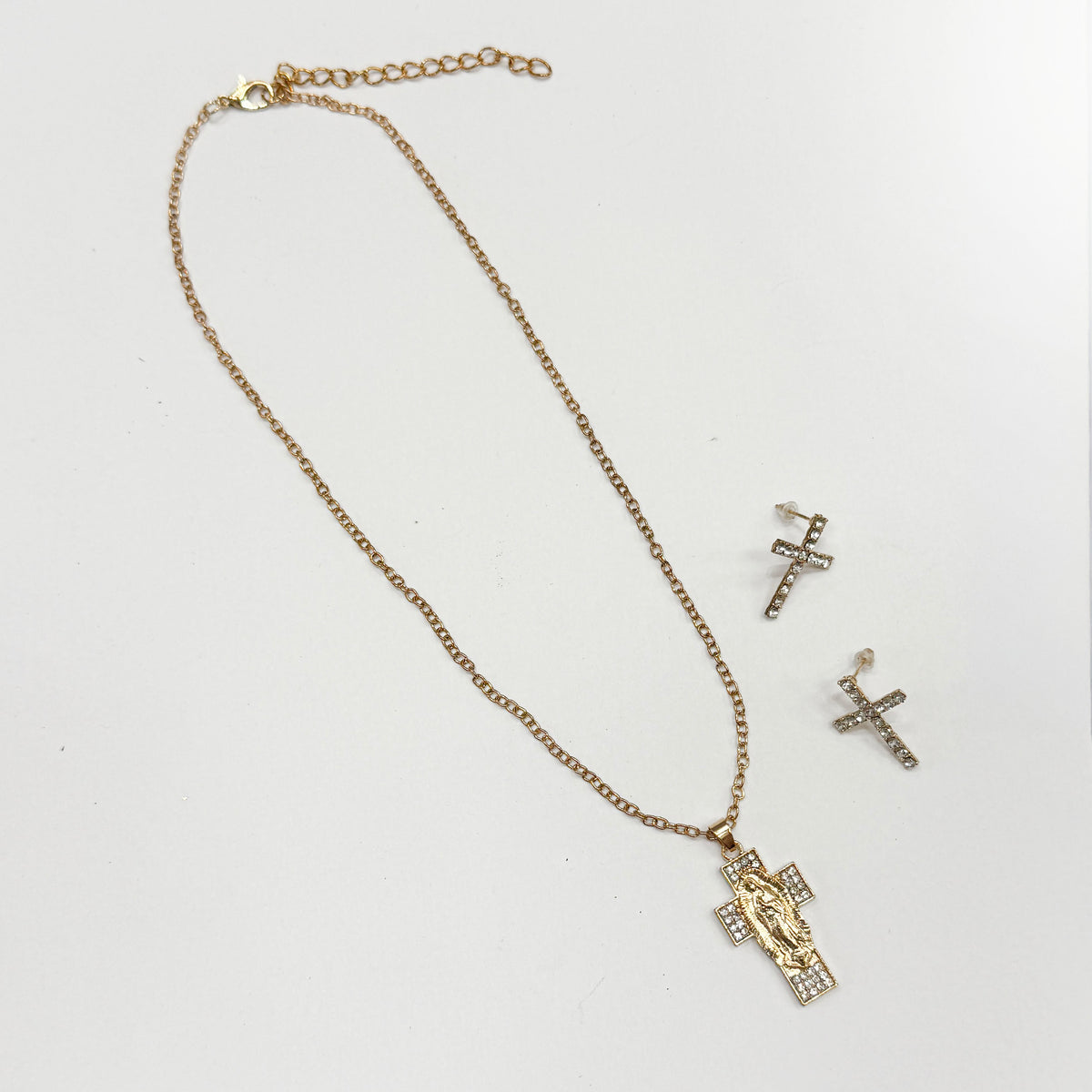 Cross Necklace and Earrings Set with Virgin Mary Pendant