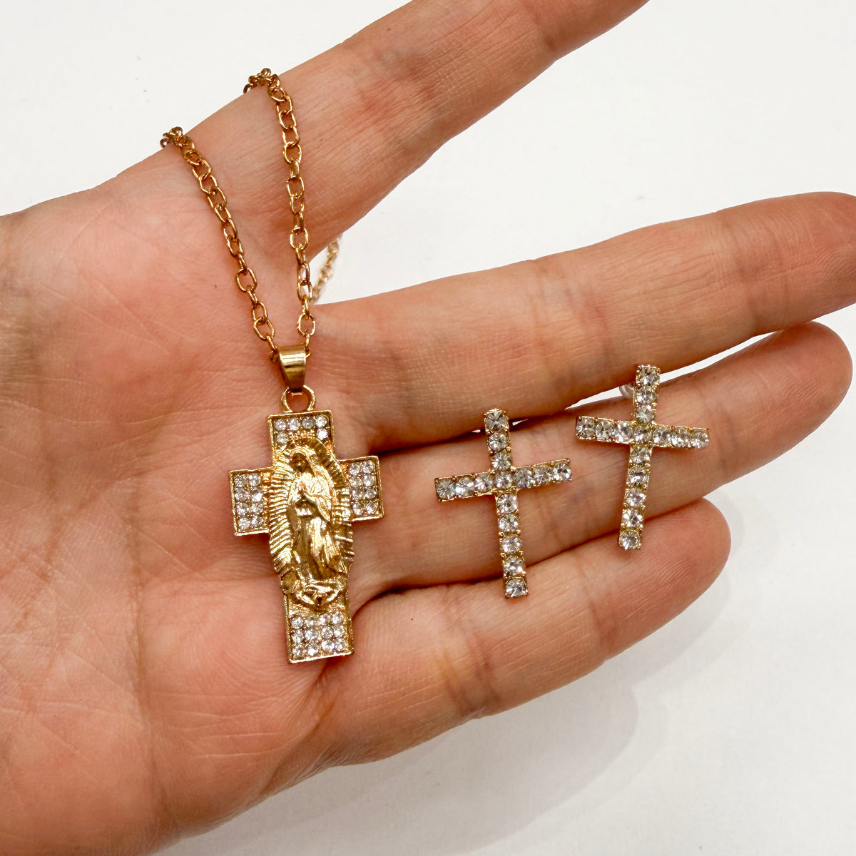 Cross Necklace and Earrings Set with Virgin Mary Pendant