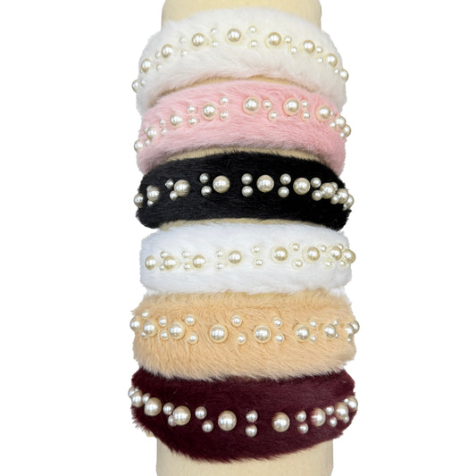 Thick Fuzzy Headband with Pearls