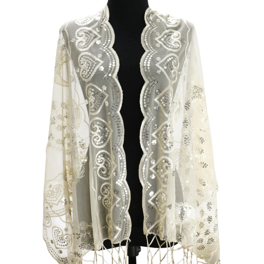 Peacock Sequin Chiffon Mesh See-Through Shawl Scarf Cover-Up Wrap