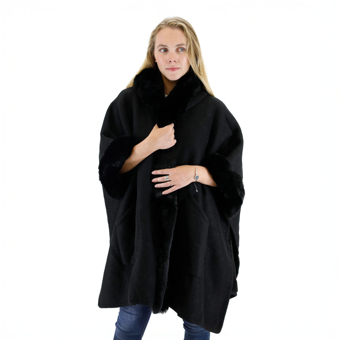 Cozy Thick Winter Poncho with Hoodie & Fur