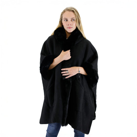 Cozy Thick Winter Poncho with Hoodie & Fur