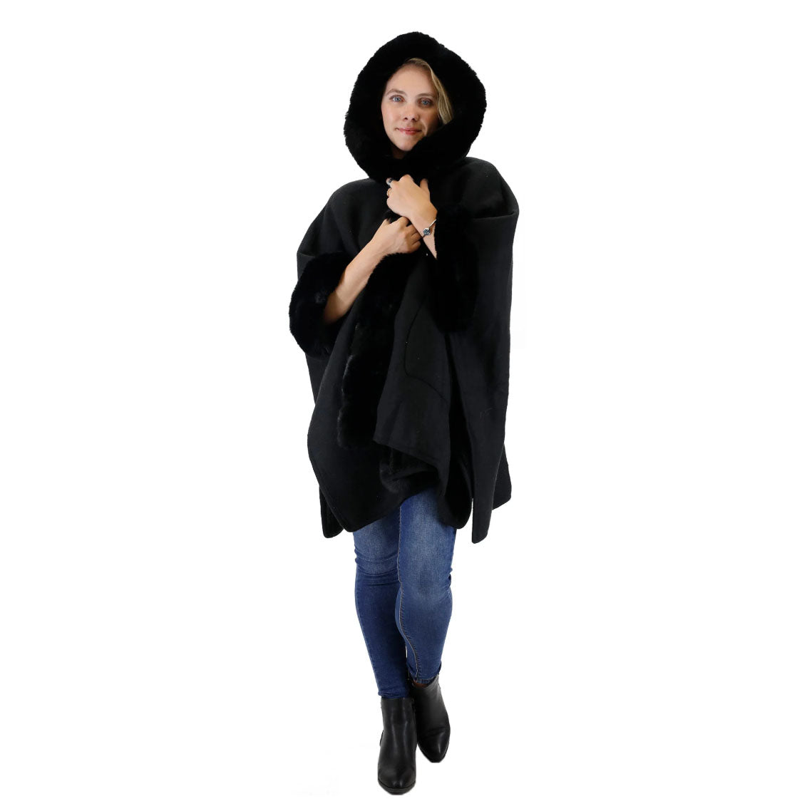 Cozy Thick Winter Poncho with Hoodie & Fur