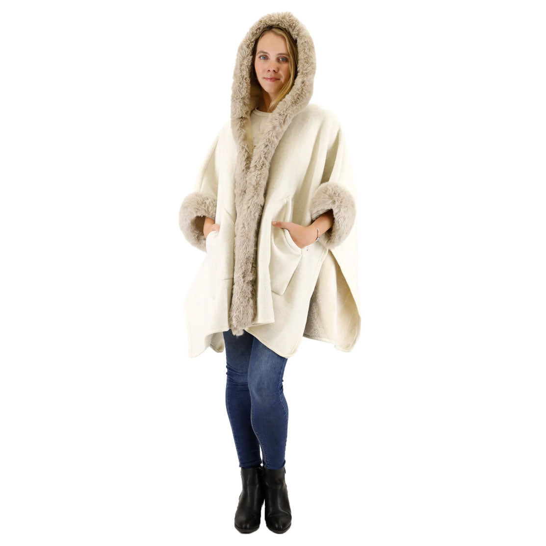 Cozy Thick Winter Poncho with Hoodie & Fur