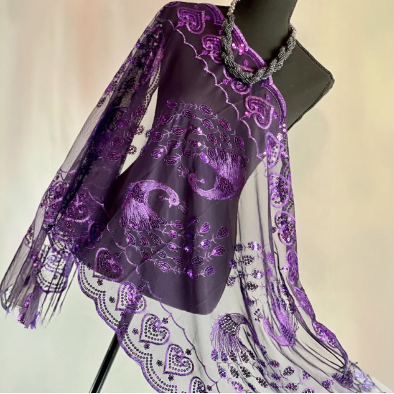 Peacock Sequin Chiffon Mesh See-Through Shawl Scarf Cover-Up Wrap
